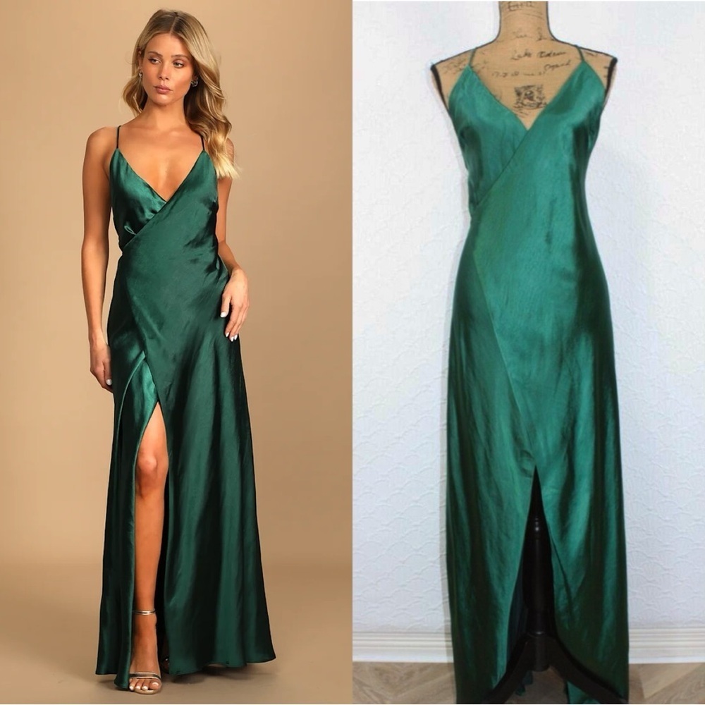 NWOT Lulus Fondly Loved Dark Green Satin Wrap Maxi Dress